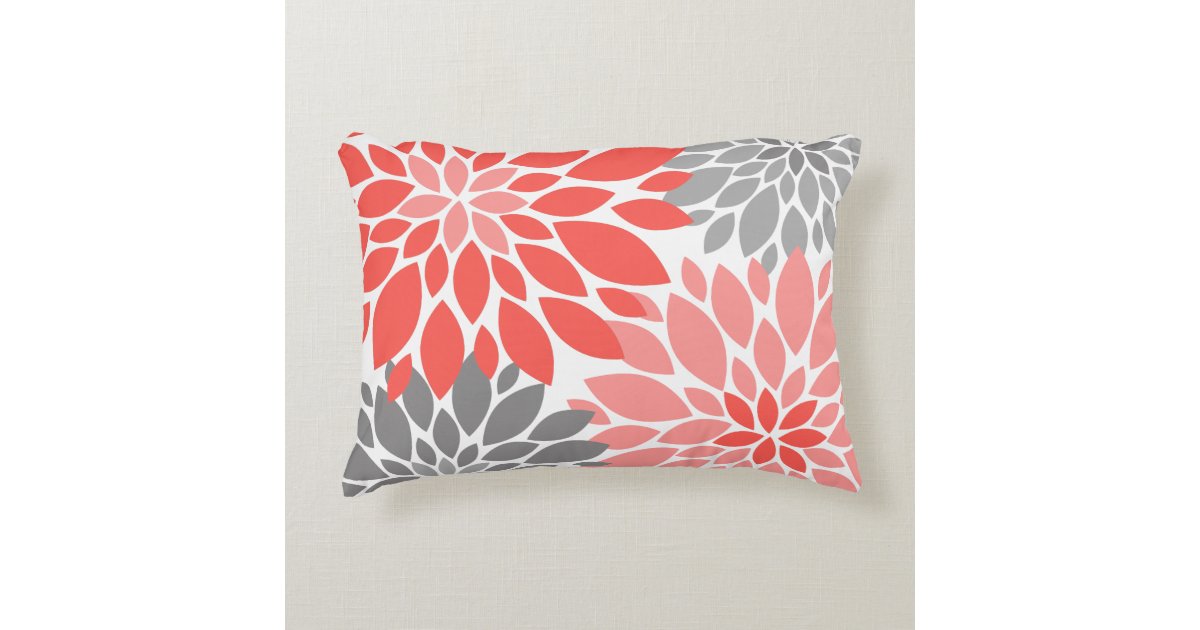 Coral and Gray Chrysanthemums Floral Pattern Decorative Pillow Zazzle