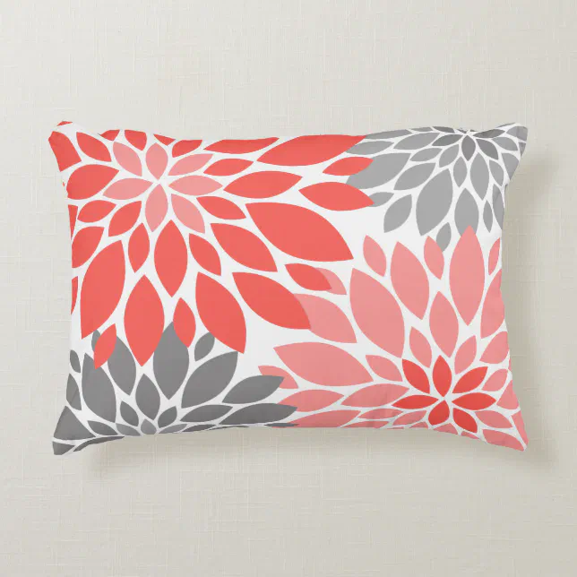 Coral and Gray Chrysanthemums Floral Pattern Decorative Pillow | Zazzle