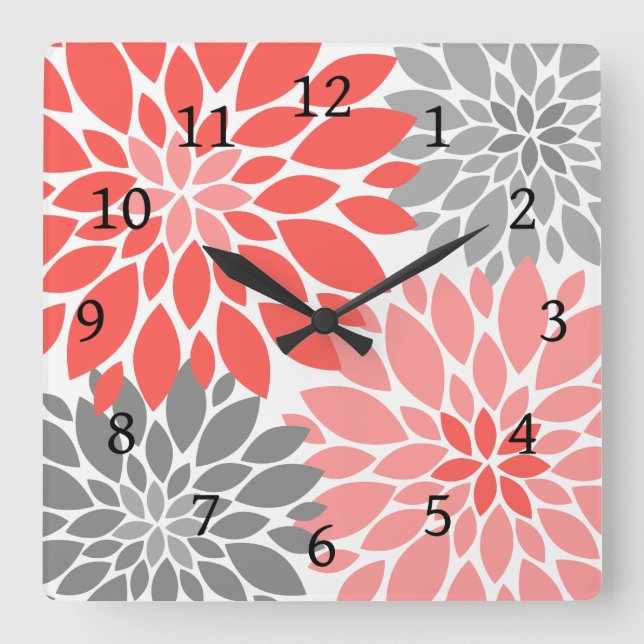 Coral and Gray Chrysanthemums Floral Pattern Square Wall Clock (Front)