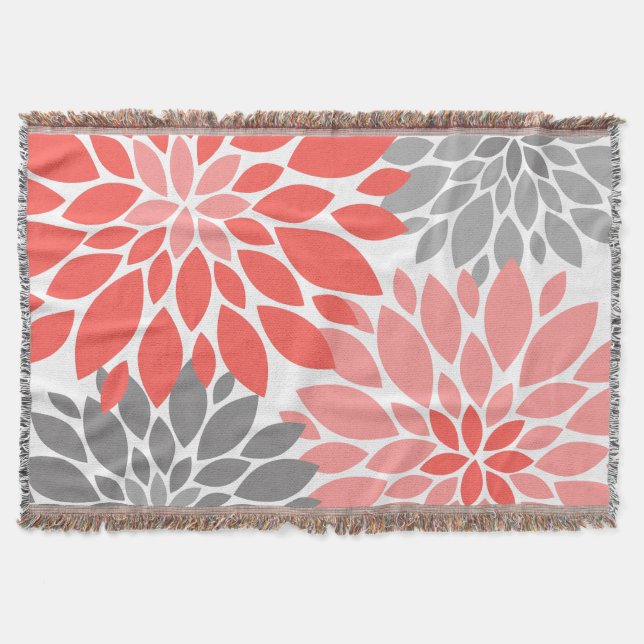 Coral and Gray Chrysanthemums Floral Pattern Throw Blanket (Front)