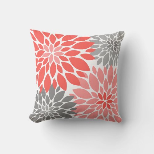 Coral and Gray Chrysanthemums Floral Pattern Throw Pillow