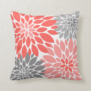 Coral and Gray Chrysanthemums Floral Pattern Throw Pillow
