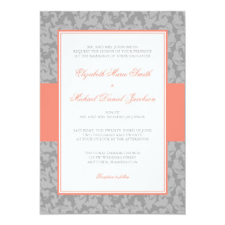 Coral and Gray Damask Swirl Wedding Invitation