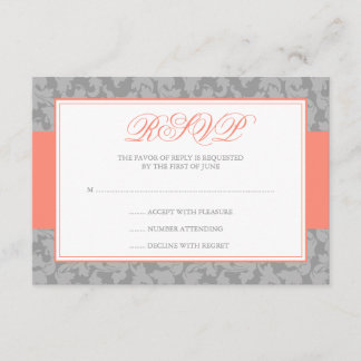 Coral and Gray Damask Swirl Wedding RSVP