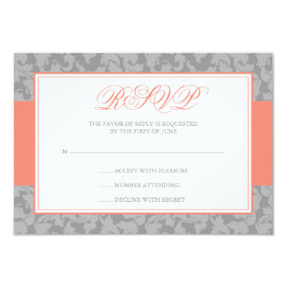 Coral and Gray Damask Swirl Wedding RSVP Card