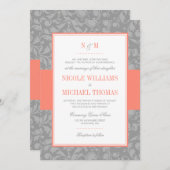 Coral and Gray Damask Wedding Invitations (Front/Back)