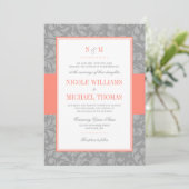 Coral and Gray Damask Wedding Invitations (Standing Front)