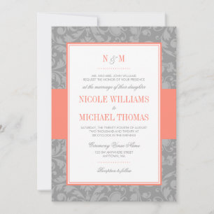 Coral and Gray Damask Wedding Invitations