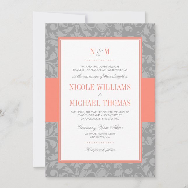 Coral and Gray Damask Wedding Invitations (Front)