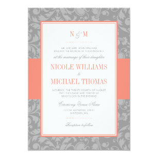 coral grey wedding invitations zazzle