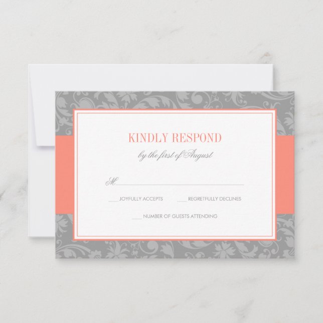 Coral and Gray Damask Wedding RSVP (Front)