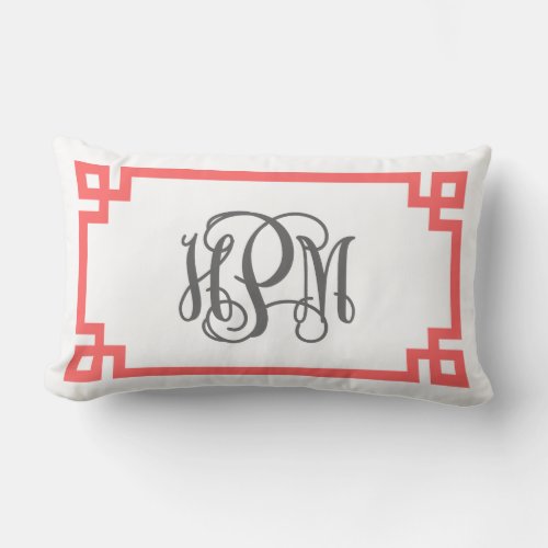 Coral and Gray Greek Key Script Monogram Lumbar Pillow