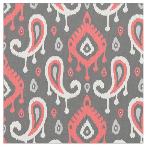 Coral and Gray Ikat Paisley Fabric