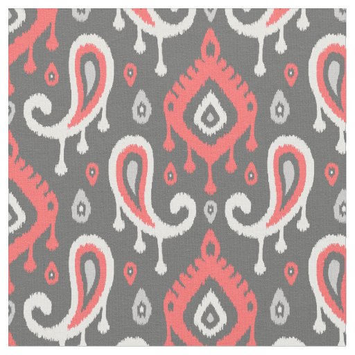 Coral and Gray Ikat Paisley Fabric | Zazzle