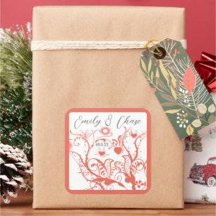 Coral and Gray Love Bird Swirls Wedding Stickers