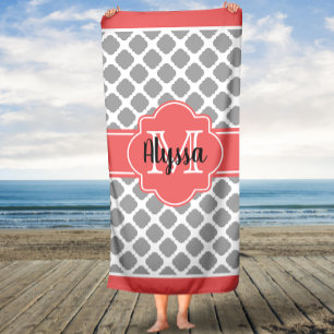 Coral and Gray Moroccan Monogrammed Bath Towel