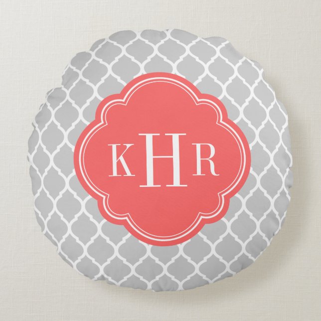 Coral and Gray Moroccan Quatrefoil Monogram Round Pillow (Front)