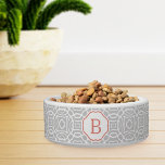 Coral and Gray Quatrefoil Custom Monogram Bowl<br><div class="desc">A trendy color palette of dove gray and coral makes this monogrammed dog or cat bowl a must for a pampered pet! Design features a hand drawn,  modern quatrefoil pattern in pale gray and white,  with your pet's single initial monogram displayed in contrasting summery coral.</div>