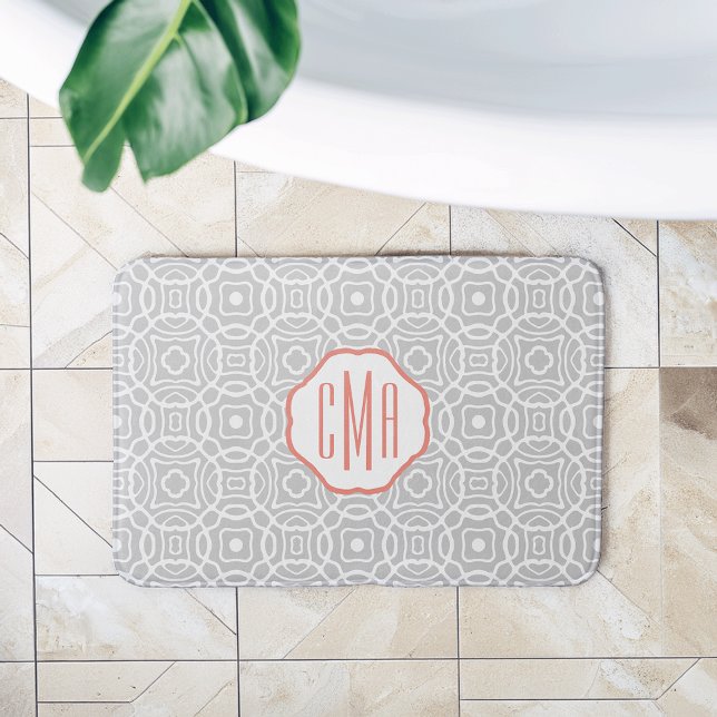Coral and Gray Quatrefoil Monogram Bathroom Mat (Creator Uploaded)