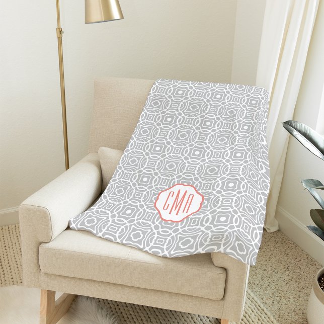 Coral and Gray Quatrefoil Monogram Fleece Blanket (Creator Uploaded)