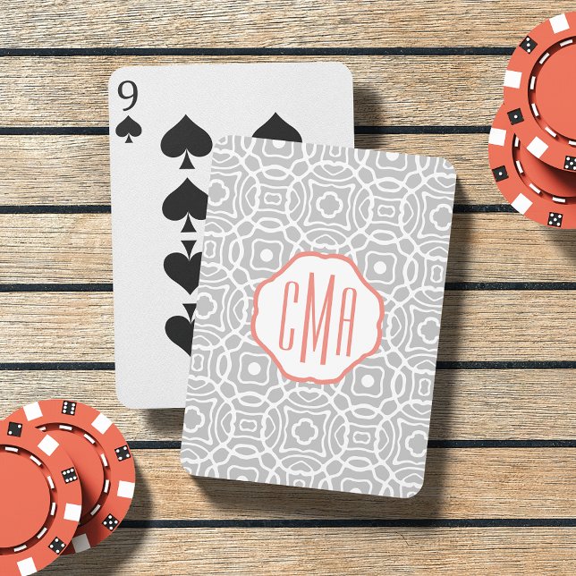 Coral and Gray Quatrefoil Monogram Poker Cards (Creator Uploaded)