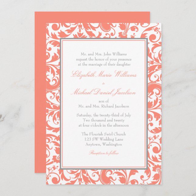 Coral and Gray Swirl Damask Wedding Invitation (Front/Back)