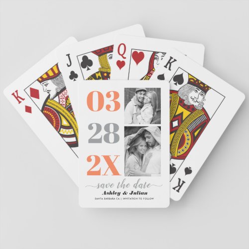 Coral and gray two photo Save the Date Poker Cards