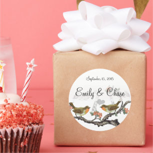Coral and Gray Vintage Birds Wedding Stickers