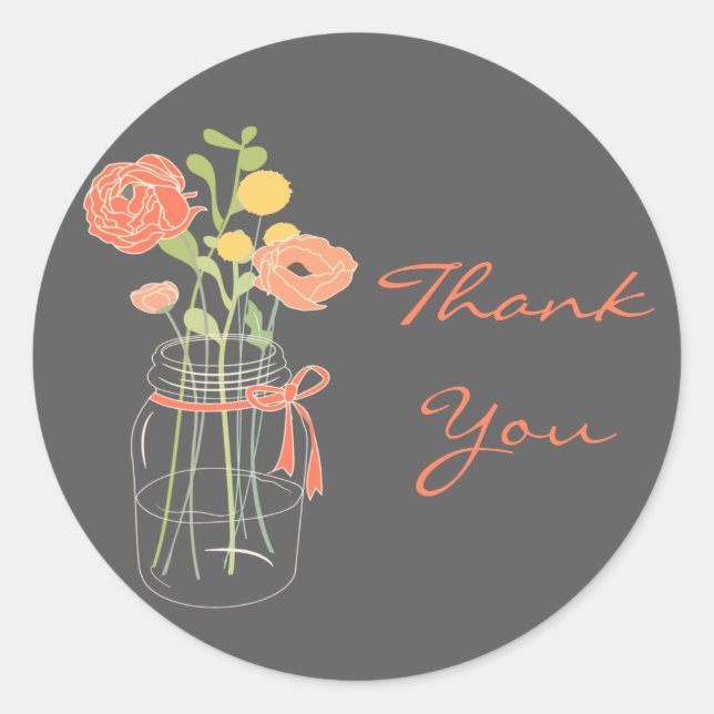 Coral and Grey Mason Jar Wedding Favor Stickers (Front)