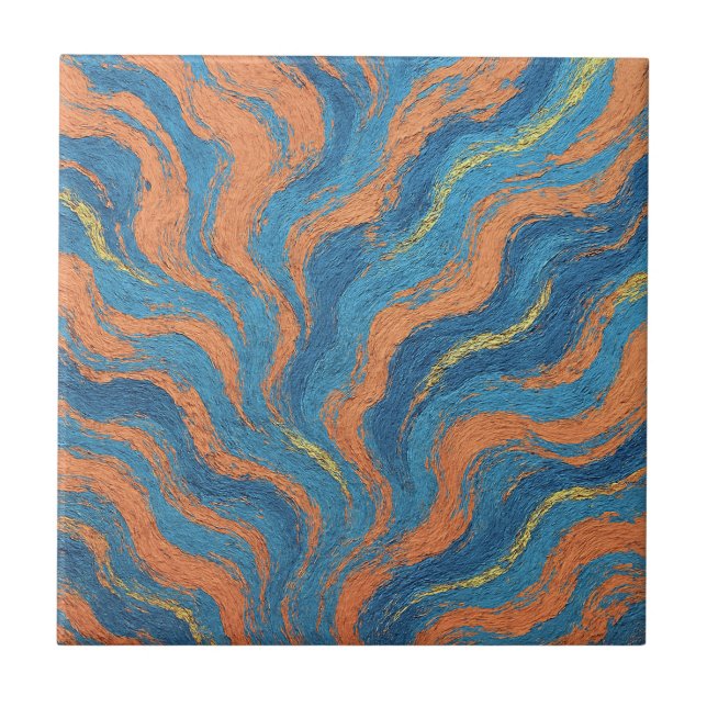 coral and indigo waves ceramic tile (Front)