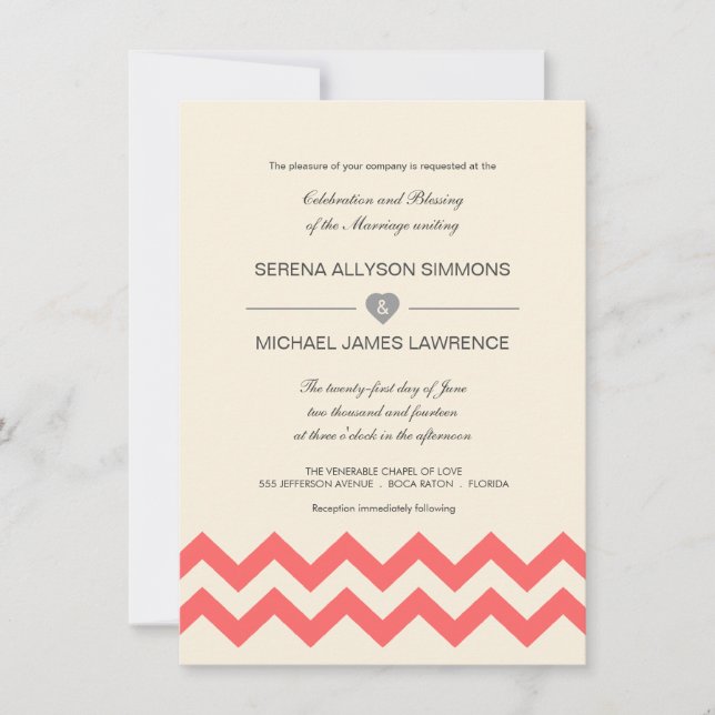 Coral and Ivory Chevron Wedding Invitations (Front)