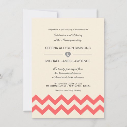 Coral and Ivory Chevron Wedding Invitations
