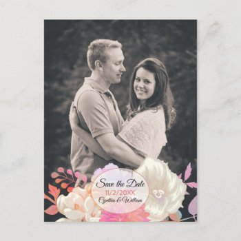 Coral And Ivory Floral Photo Save The Date Postcard by Myweddingday at Zazzle
