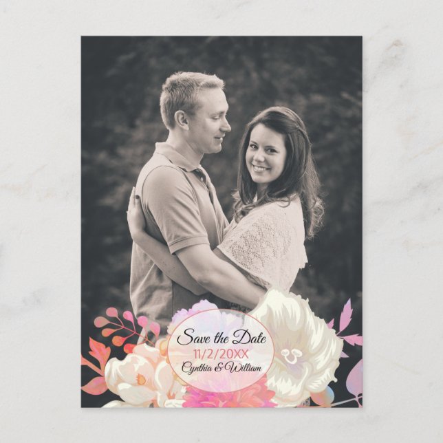 Coral and Ivory Floral Photo Save the Date Postcard (Front)