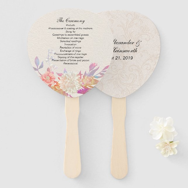 Coral and Ivory Floral Wedding Program Hand Fan (Front and Back)