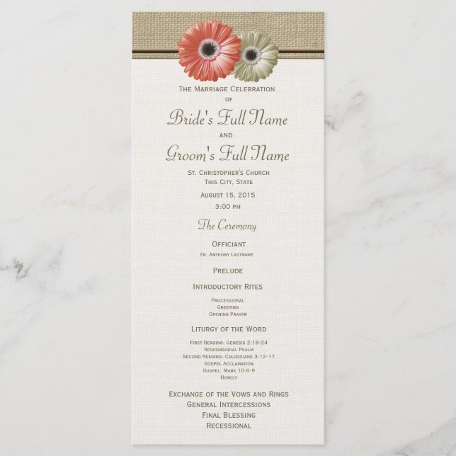 Coral and Ivory Gerbera Daisy Wedding Program (Front)