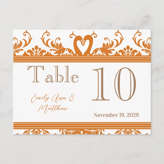 Coral and Ivory Swan Damask Table Number (Front)
