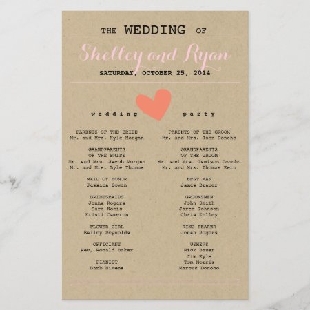 Coral And Kraft Simple Heart Wedding Program