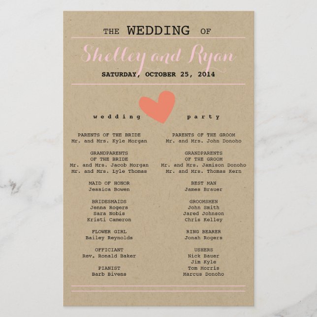 Coral and Kraft Simple Heart Wedding Program (Front)