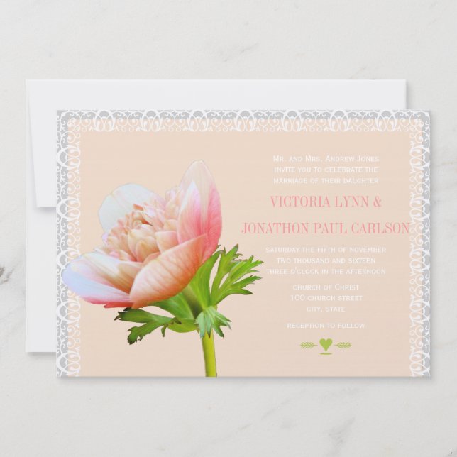 Coral and Lace Peony Floral Wedding Invitation (Front)