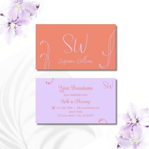 Coral and Lavender Chic Ornate with Monogram Business Card