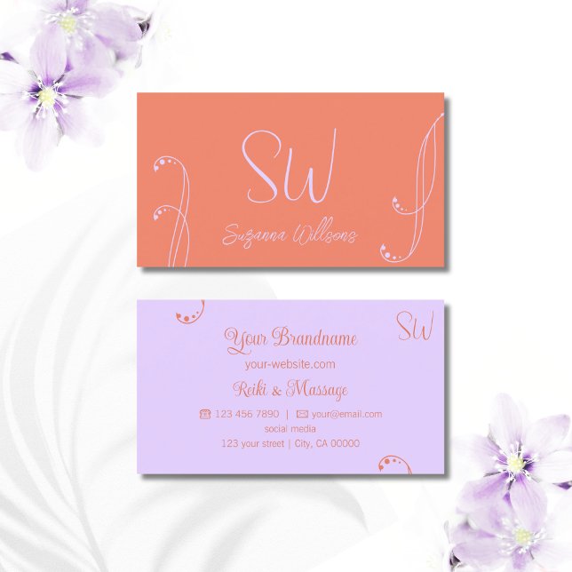 Coral and Lavender Chic Ornate with Monogram Business Card (Creator Uploaded)