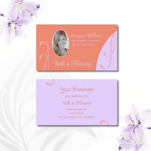 Coral and Lavender Ornate with Portrait Photo Business Card