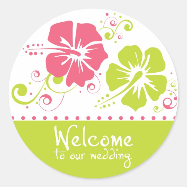 Coral and Lime Hibiscus Flower Wedding Wedding Classic Round Sticker (Front)
