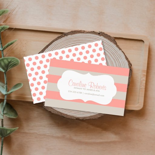 Customizable Coral and Linen Modern Stripes and Dots Business Card