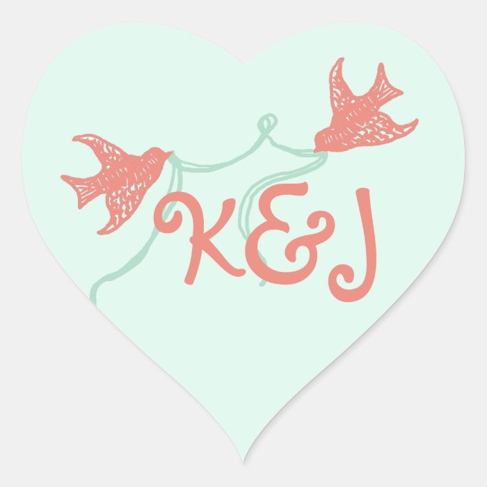 Coral and Mint Chapel Wedding Monogram Heart Sticker