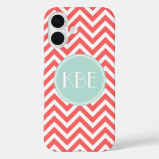 Coral and Mint Chevron Custom Monogram iPhone 16 Case