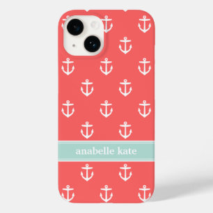 Coral and Mint Cute Anchors Custom Monogram Case-Mate iPhone 14 Case
