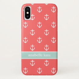 Coral and Mint Cute Anchors Custom Monogram iPhone X Case