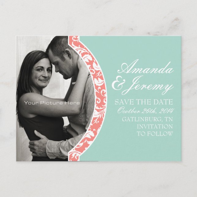 Coral and Mint Damask Photo Wedding Save The Date Announcement Postcard (Front)